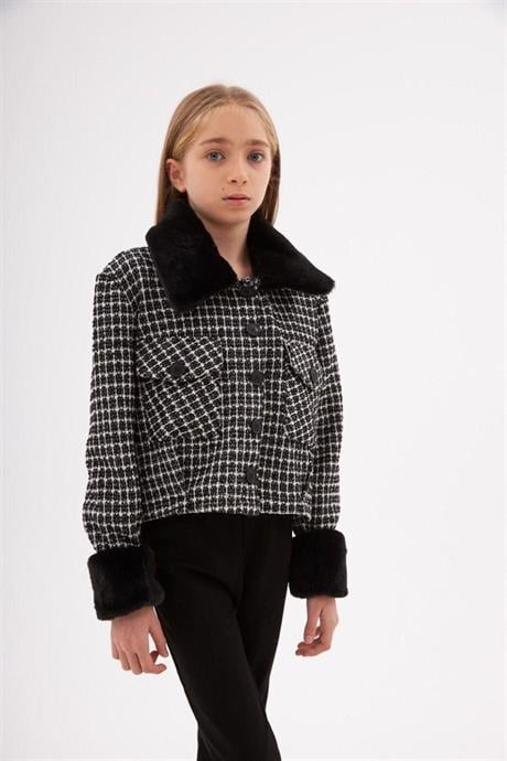 Kız Çocuk Kürk Yakalı Kumaş Crop Ceket Siyah Ispanyol Paça Tayt 2'li Takım Siyah 10 Yaş