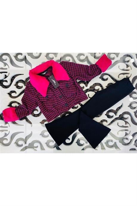 Kız Çocuk Kürk Yakalı Kumaş Crop Ceket Siyah Ispanyol Paça Tayt 2'li Takım Fuşya 6 Yaş