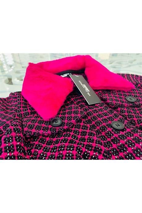 Kız Çocuk Kürk Yakalı Kumaş Crop Ceket Siyah Ispanyol Paça Tayt 2'li Takım Fuşya 8 Yaş