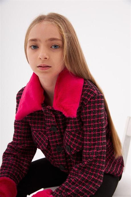 Kız Çocuk Kürk Yakalı Kumaş Crop Ceket Siyah Ispanyol Paça Tayt 2'li Takım Fuşya 14 Yaş