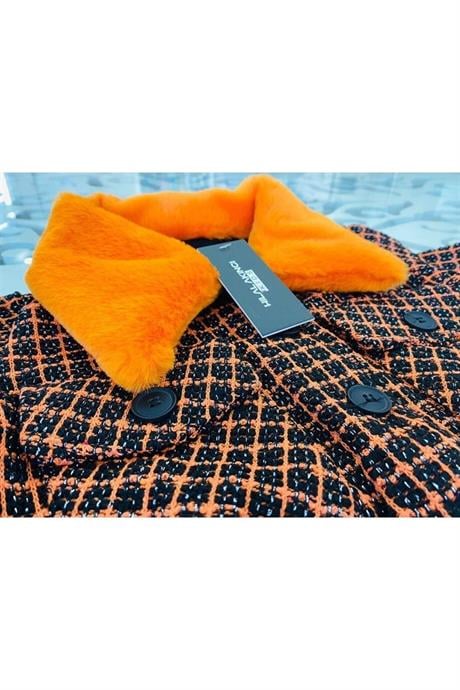 Kız Çocuk Kürk Yakalı Kumaş Crop Ceket Siyah Ispanyol Paça Tayt 2'li Takım Turuncu 14 Yaş