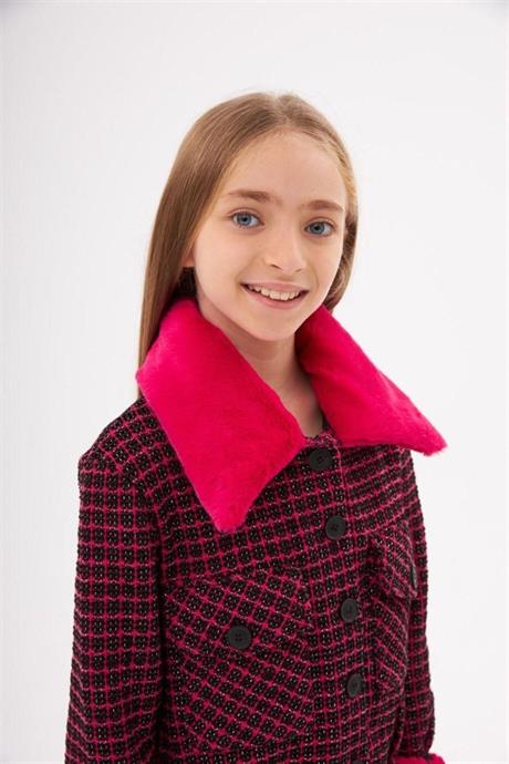 Kız Çocuk Kürk Yakalı Kumaş Crop Ceket Siyah Ispanyol Paça Tayt 2'li Takım Fuşya 8 Yaş