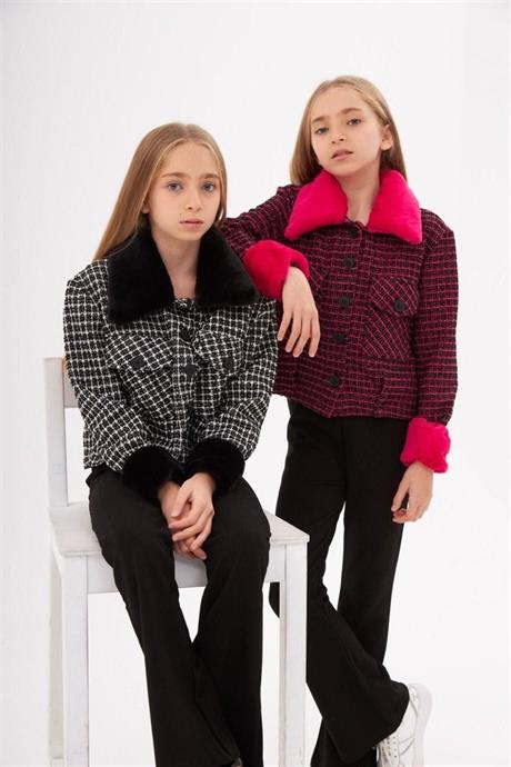 Kız Çocuk Kürk Yakalı Kumaş Crop Ceket Siyah Ispanyol Paça Tayt 2'li Takım Fuşya 8 Yaş