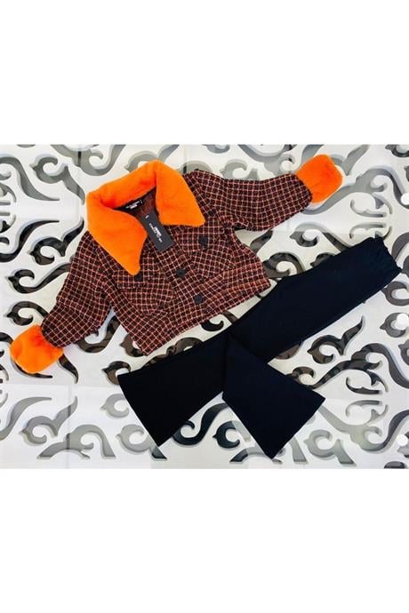 Kız Çocuk Kürk Yakalı Kumaş Crop Ceket Siyah Ispanyol Paça Tayt 2'li Takım Turuncu 14 Yaş