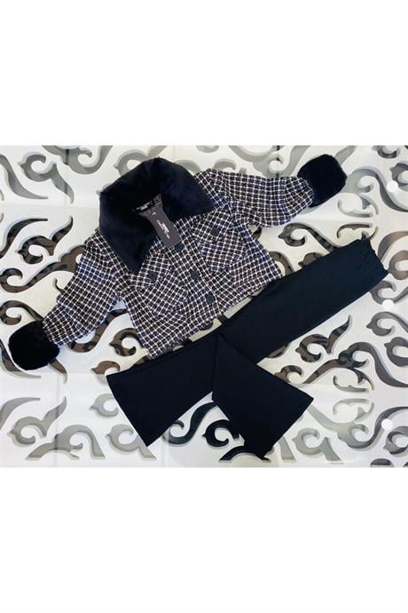 Kız Çocuk Kürk Yakalı Kumaş Crop Ceket Siyah Ispanyol Paça Tayt 2'li Takım Siyah 14 Yaş