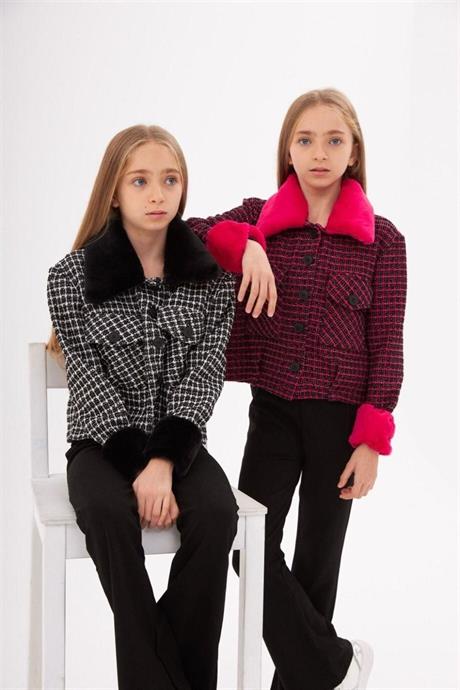 Kız Çocuk Kürk Yakalı Kumaş Crop Ceket Siyah Ispanyol Paça Tayt 2'li Takım Fuşya 8 Yaş