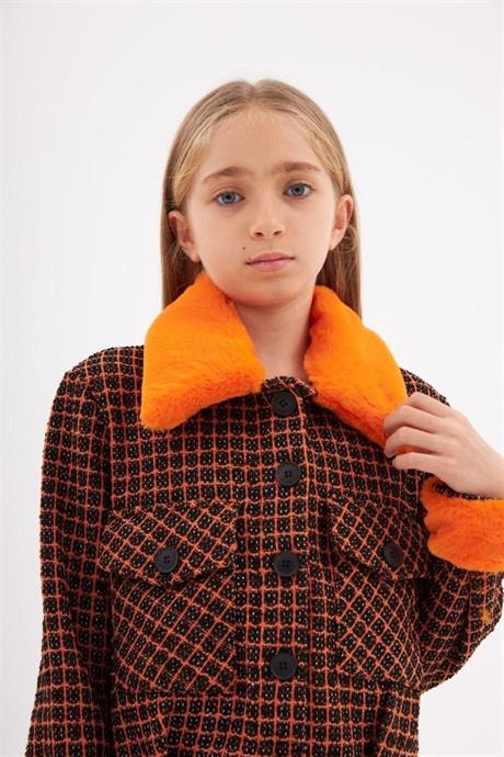Kız Çocuk Kürk Yakalı Kumaş Crop Ceket Siyah Ispanyol Paça Tayt 2'li Takım Turuncu 10 Yaş
