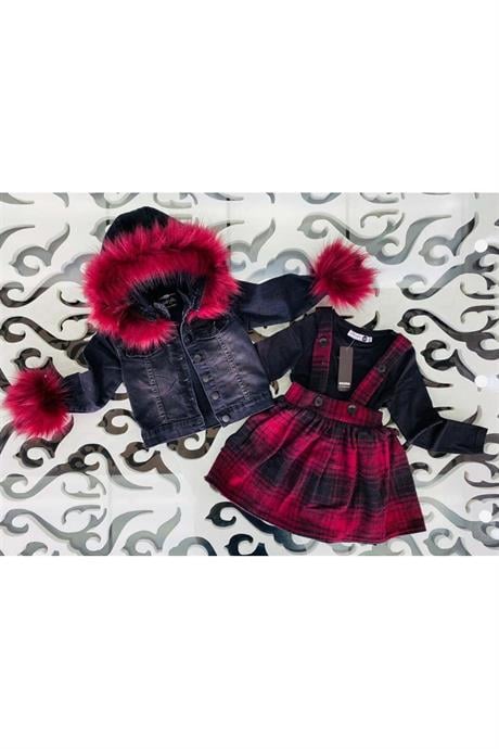 Kız Çocuk Kürklü Kapüşonlu Kot Ceket Siyah Triko Badi Oduncu Kumaş Kırmızı Salopet Etek 3'lü Takım MAVİ 10 Yaş