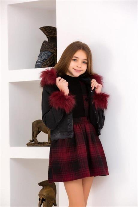 Kız Çocuk Kürklü Kapüşonlu Kot Ceket Siyah Triko Badi Oduncu Kumaş Kırmızı Salopet Etek 3'lü Takım MAVİ 10 Yaş