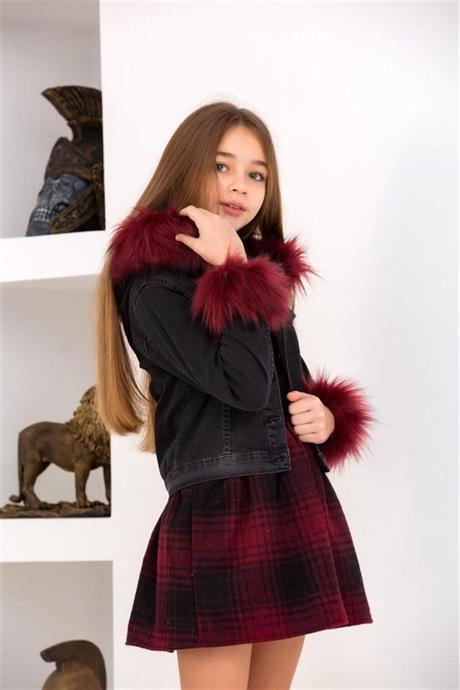 Kız Çocuk Kürklü Kapüşonlu Kot Ceket Siyah Triko Badi Oduncu Kumaş Kırmızı Salopet Etek 3'lü Takım MAVİ 8 Yaş