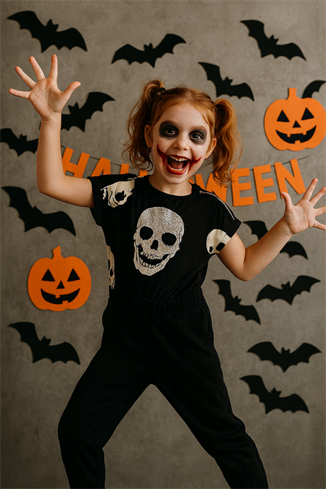 Kız Çocuk Kuru Kafa Desenli Penye Tulum Siyah 4 Yaş