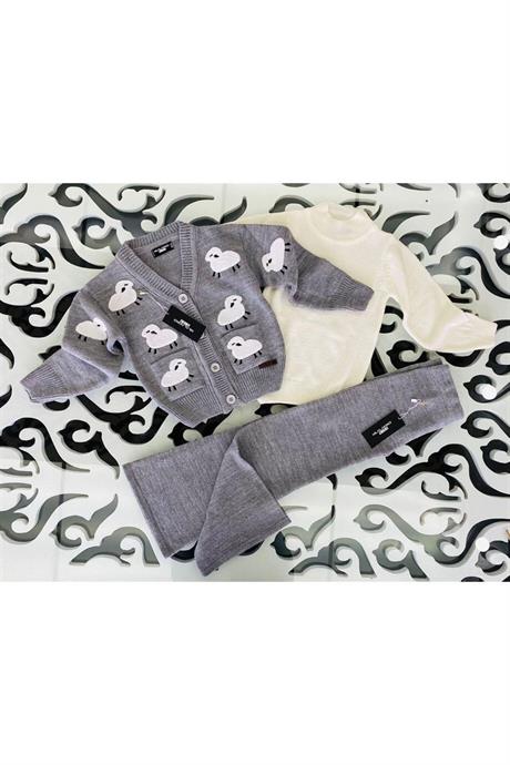 Kız Çocuk Kuzu Nakışlı Triko Hırka Geniş Paça Triko Pantolon GRİ 4 Yaş