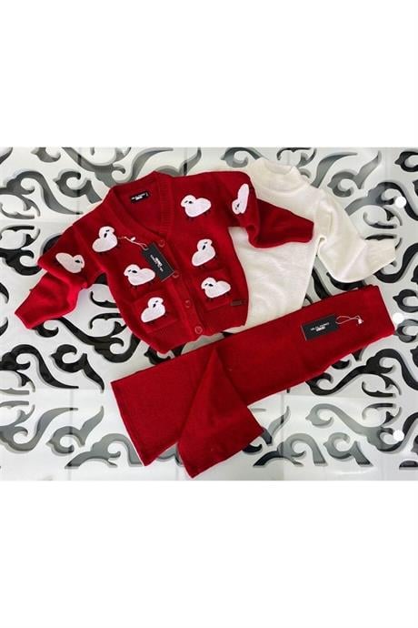 Kız Çocuk Kuzu Nakışlı Triko Hırka Geniş Paça Triko Pantolon KIRMIZI 4 Yaş