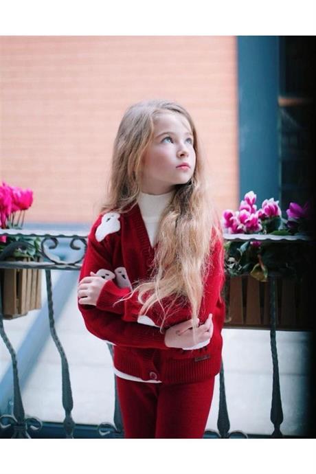 Kız Çocuk Kuzu Nakışlı Triko Hırka Geniş Paça Triko Pantolon KIRMIZI 8 Yaş