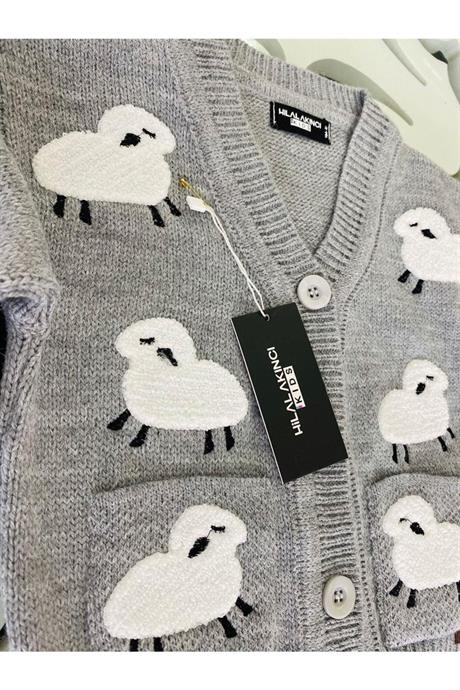 Kız Çocuk Kuzu Nakışlı Triko Hırka Geniş Paça Triko Pantolon GRİ 6 Yaş