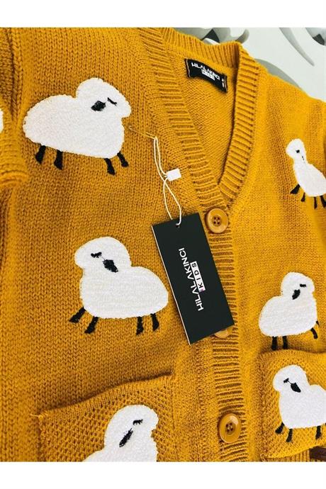 Kız Çocuk Kuzu Nakışlı Triko Hırka Geniş Paça Triko Pantolon HARDAL 12 Yaş