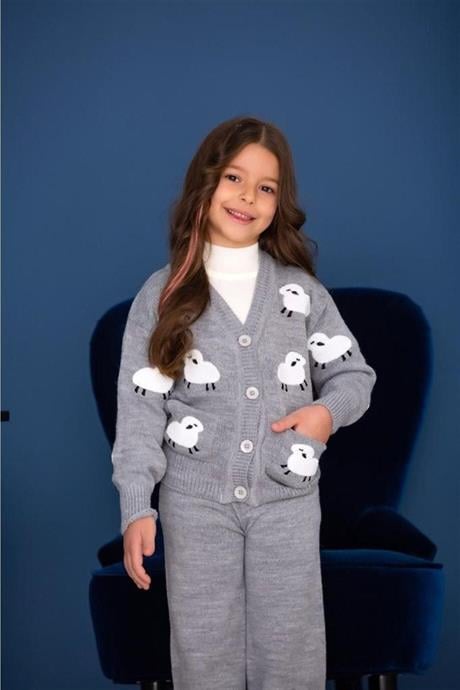 Kız Çocuk Kuzu Nakışlı Triko Hırka Geniş Paça Triko Pantolon GRİ 8 Yaş