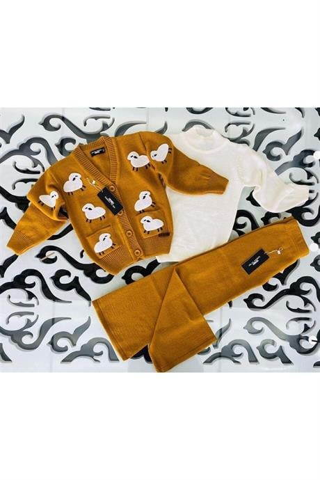 Kız Çocuk Kuzu Nakışlı Triko Hırka Geniş Paça Triko Pantolon HARDAL 8 Yaş