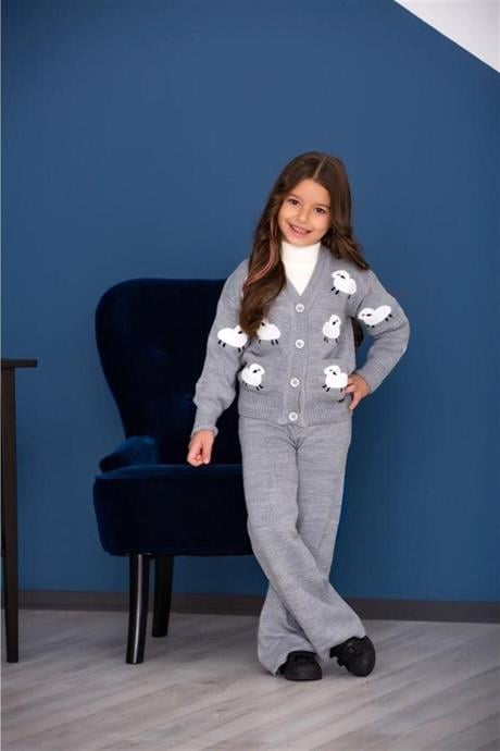 Kız Çocuk Kuzu Nakışlı Triko Hırka Geniş Paça Triko Pantolon GRİ 12 Yaş