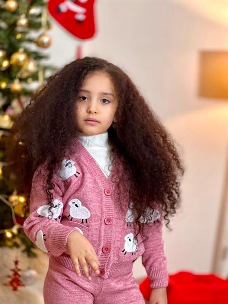 Kız Çocuk Kuzu Nakışlı Triko Hırka Geniş Paça Triko Pantolon PEMBE 12 Yaş