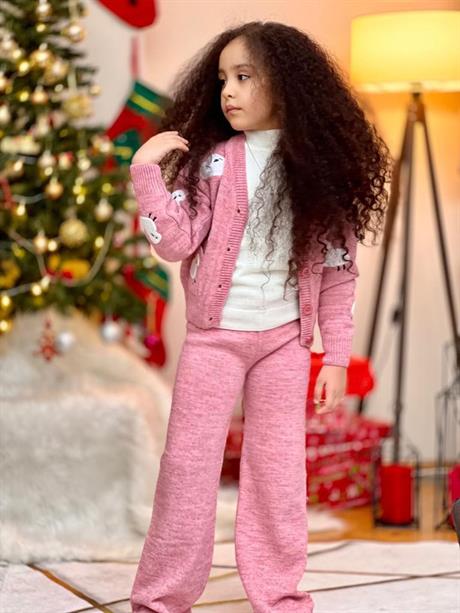 Kız Çocuk Kuzu Nakışlı Triko Hırka Geniş Paça Triko Pantolon PEMBE 12 Yaş