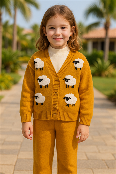 Kız Çocuk Kuzu Nakışlı Triko Hırka Geniş Paça Triko Pantolon HARDAL 10 Yaş