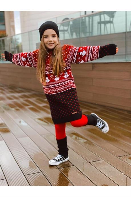 Kız Çocuk Lacivert 3lü Set Yılbaşı Kardan Adam Model Takım KIRMIZI 4 Yaş