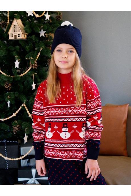 Kız Çocuk Lacivert 3lü Set Yılbaşı Kardan Adam Model Takım KIRMIZI 4 Yaş