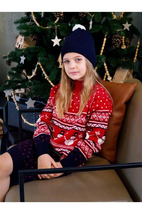 Kız Çocuk Lacivert 3lü Set Yılbaşı Kardan Adam Model Takım KIRMIZI 4 Yaş