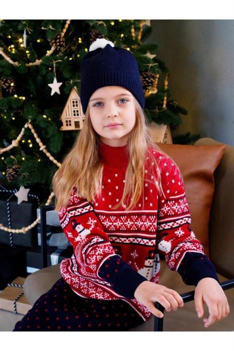 Kız Çocuk Lacivert 3lü Set Yılbaşı Kardan Adam Model Takım KIRMIZI 4 Yaş