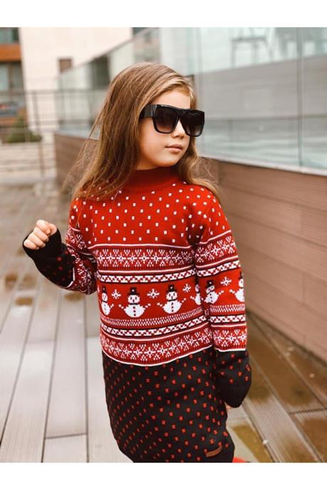 Kız Çocuk Lacivert 3lü Set Yılbaşı Kardan Adam Model Takım KIRMIZI 4 Yaş