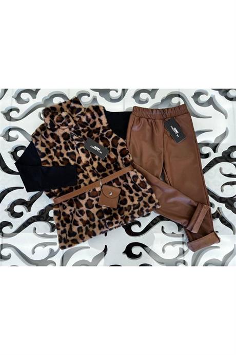 Kız Çocuk Leopar Model Peluş Yelek Siyah Badi Içi Kadife Likralı Tayt Bel Çantası 4'lü Takım