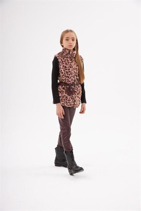 Kız Çocuk Leopar Model Peluş Yelek Siyah Badi Içi Kadife Likralı Tayt Bel Çantası 4'lü Takım Mor 4 Yaş
