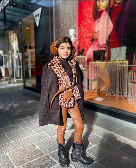 Kız Çocuk Leopar Model Peluş Yelek Siyah Badi Içi Kadife Likralı Tayt Bel Çantası 4'lü Takım Kahverengi 4 Yaş