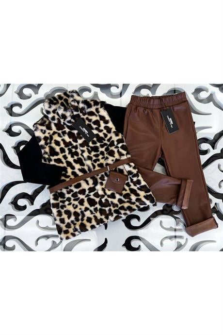 Kız Çocuk Leopar Model Peluş Yelek Siyah Badi Içi Kadife Likralı Tayt Bel Çantası 4'lü Takım Krem 6 Yaş