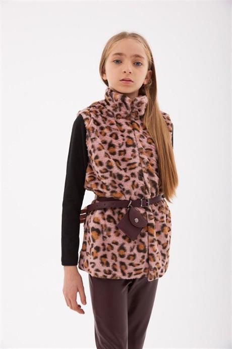 Kız Çocuk Leopar Model Peluş Yelek Siyah Badi Içi Kadife Likralı Tayt Bel Çantası 4'lü Takım