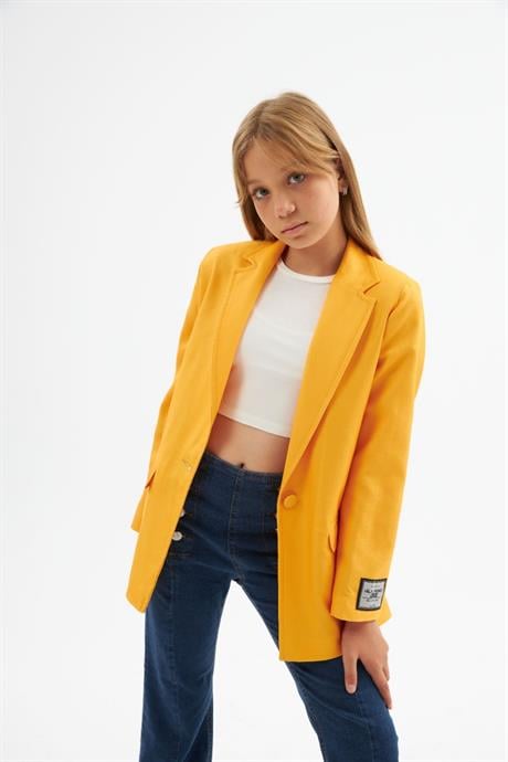 Kız Çocuk Logo Detaylı Düz Renk Blazer Ceket Düğmeli Geniş Paça Kot Pantolon 2'li Takım Hardal 6 Yaş