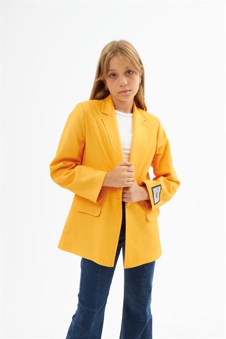 Kız Çocuk Logo Detaylı Düz Renk Blazer Ceket Düğmeli Geniş Paça Kot Pantolon 2'li Takım Hardal 14 Yaş