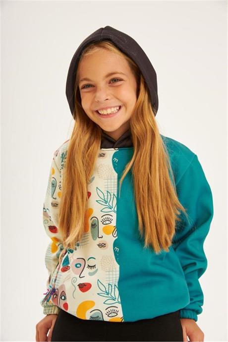 Kız Çocuk Mavi Baskılı Kapüşonlu Sweatshirt