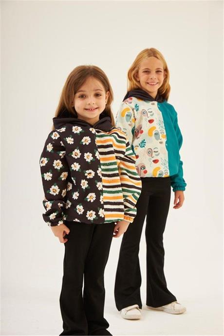 Kız Çocuk Mavi Baskılı Kapüşonlu Sweatshirt Mavi 4 Yaş