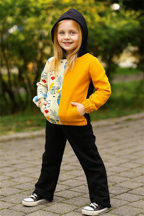 Kız Çocuk Mavi Baskılı Kapüşonlu Sweatshirt