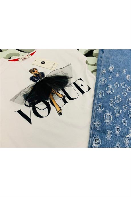 Kız Çocuk Mavi Baskılı Pamuk Penye Asimetrik Yırtıklı Kot Pantolon Ikili Takım 1187 BEYAZ 10 Yaş