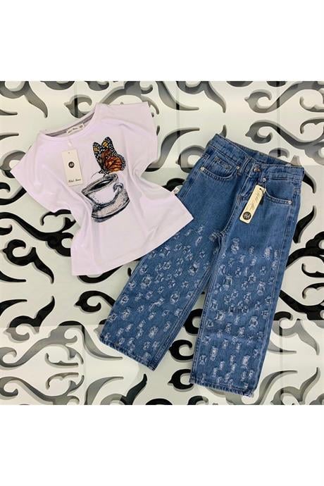 Kız Çocuk Mavi Baskılı Pamuk Penye Asimetrik Yırtıklı Kot Pantolon Ikili Takım 1187 MAVİ 10 Yaş