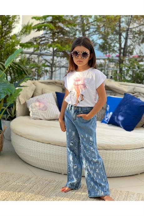 Kız Çocuk Mavi Baskılı Pamuk Penye Asimetrik Yırtıklı Kot Pantolon Ikili Takım 1187 PEMBE 8 Yaş