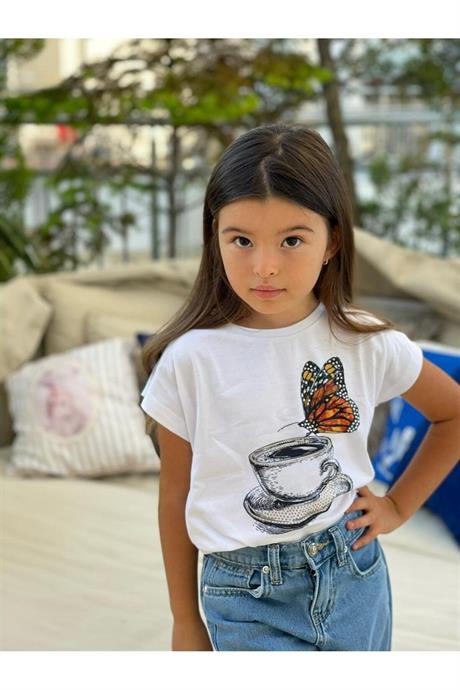 Kız Çocuk Mavi Baskılı Pamuk Penye Asimetrik Yırtıklı Kot Pantolon Ikili Takım 1187 MAVİ 10 Yaş