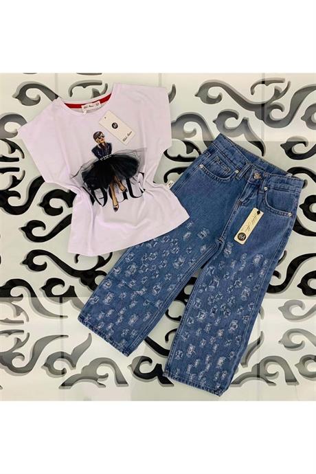 Kız Çocuk Mavi Baskılı Pamuk Penye Asimetrik Yırtıklı Kot Pantolon Ikili Takım 1187 BEYAZ 6 Yaş