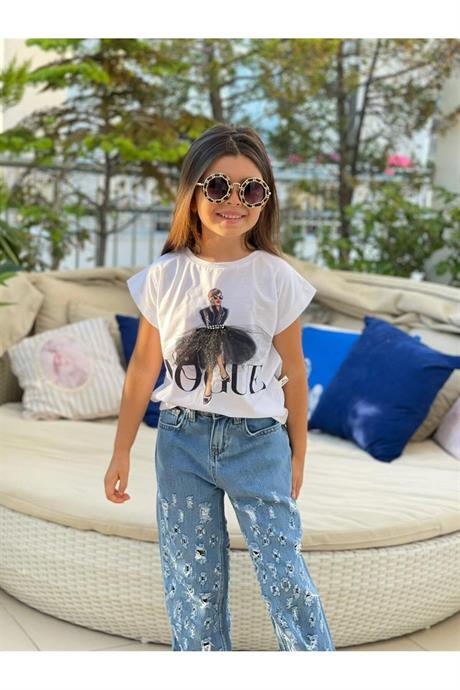 Kız Çocuk Mavi Baskılı Pamuk Penye Asimetrik Yırtıklı Kot Pantolon Ikili Takım 1187 BEYAZ 4 Yaş