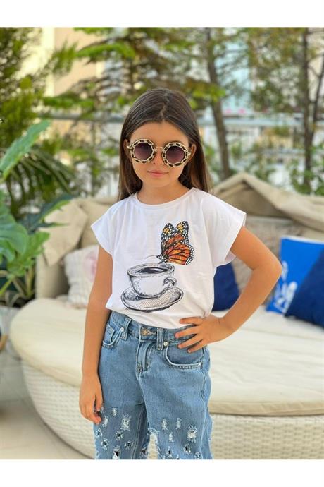 Kız Çocuk Mavi Baskılı Pamuk Penye Asimetrik Yırtıklı Kot Pantolon Ikili Takım 1187 MAVİ 4 Yaş