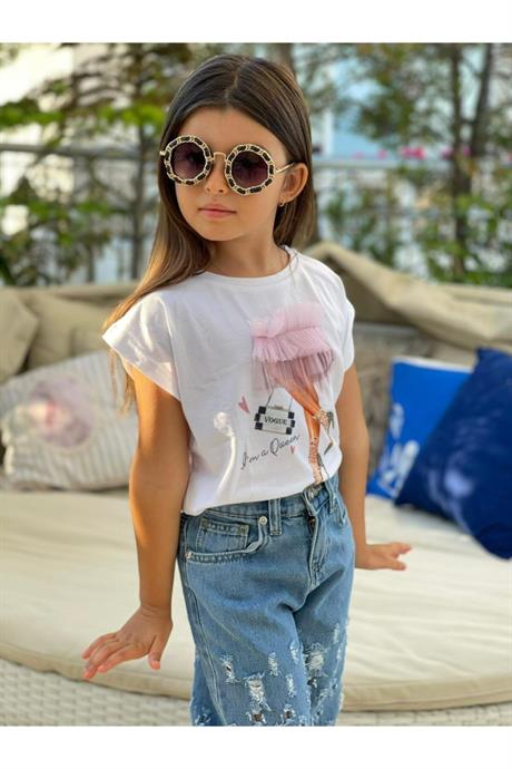 Kız Çocuk Mavi Baskılı Pamuk Penye Asimetrik Yırtıklı Kot Pantolon Ikili Takım 1187 PEMBE 6 Yaş