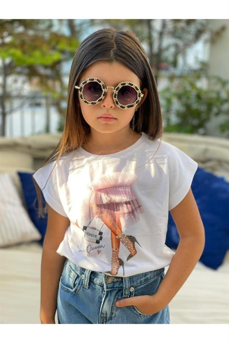 Kız Çocuk Mavi Baskılı Pamuk Penye Asimetrik Yırtıklı Kot Pantolon Ikili Takım 1187 PEMBE 6 Yaş